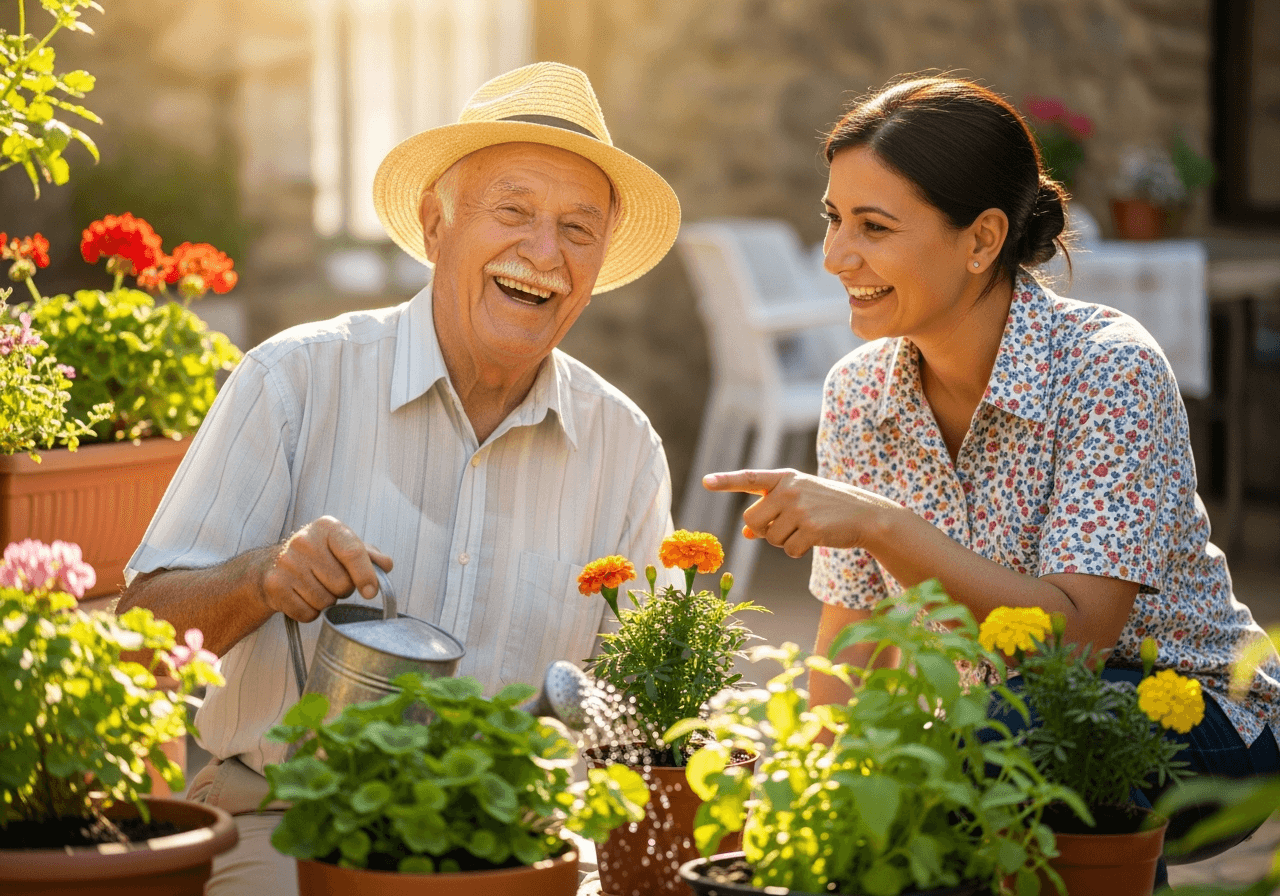 Señor mayor cuidando el jardín junto a su cuidadora, sonrientes
